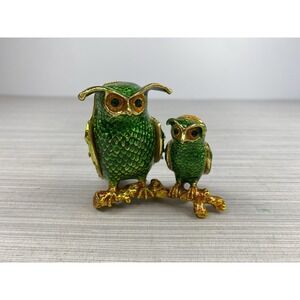 Owl Trinket Box Green Enamel Goldtone Rhinestones Magnetic Closure Vintage‎